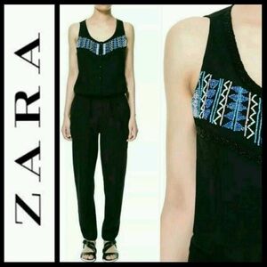 ZARA Black Sleeveless Tapered Leg Beaded Jumpsuit Drawstring Waist,sz.S!!ELEGANT
